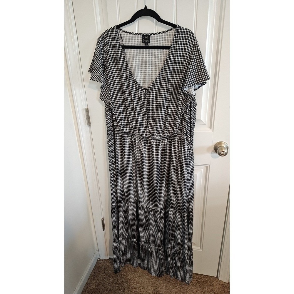 Oak & Trellis Gingham Ruffle Sleeve Tiered Maxi Dress 4X Black White Used Dress
